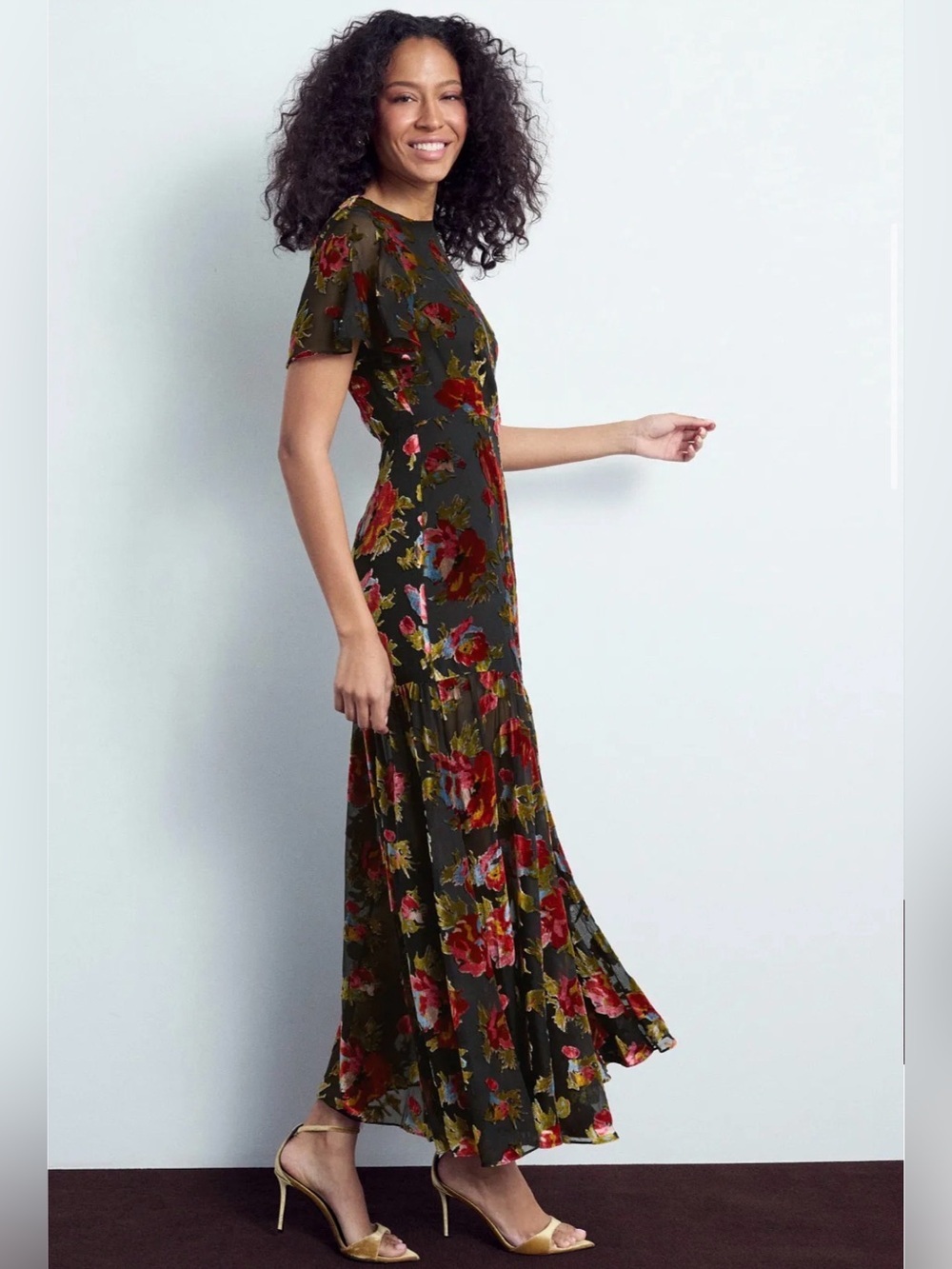 Rixo Velvet Floral Gown Floral Maxi Dress with Flutter Sleeves Sz 4 - Picture 6 of 15